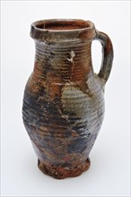 Stoneware pot on pinched foot, mottled brown glaze, Drinking jug cup drinking utensils tableware holder soil find ceramic
