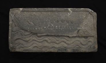 Facade stone with sturgeon on waves, facing brick sculpture sculpture building component sandstone stone, sculpted Rectangular