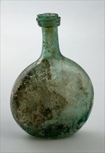 Small green bottle with oval body and long neck, glass thread under the neck, bottle holder soil find glass, free blown Small