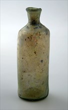 Small cylindrical bottle with round shoulder and slender, short neck, bottle holder soil find glass, free blown Small