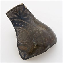 Fragment of majolica jug, pear-shaped model, trifoliate flower as decor, fragment fragile earthenware ceramics pottery glaze tin