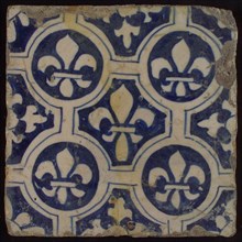 Two-tone tile, blue on white background, four circles with white French lily around central ornament with lily, wall tile