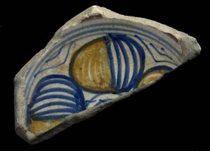 Bottom fragment of majolica dish with polychrome fruit decor, porcelain dish holder fragment fragment earthenware ceramics