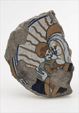 Bottom fragment of majolica dish with polychrome decor, Maria with child, dish crockery holder fragment earthenware pottery