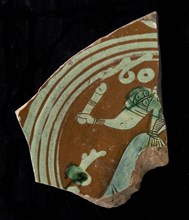 Fragment of earthenware dish with sludge decor and sgraffito, woman with drinking glass, dated, dish crockery holder fragment