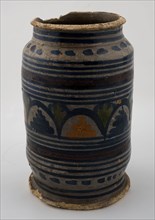 High majolica ointment jar or albarello with polychrome decoration on white background, albarello holder soil find ceramic