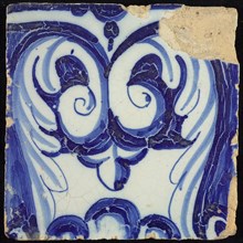 Tile of chimney pilaster, blue on white, part of corinthian column, floral curly ornaments and upper part of shell, chimney
