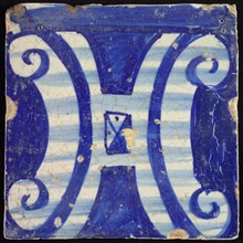 Tile of chimney pilaster, blue on white, part of column with H-shaped curly ornament, chimney pilaster tile pilaster footage