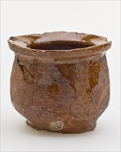Pottery ointment jar on narrowed stand, slanted top edge, red shard, ointment jar holder soil find ceramic earthenware glaze