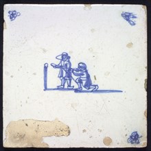 Scene tile, double child's play, blowpipes, corner motif spider, wall tile tile sculpture ceramic earthenware glaze tin glaze