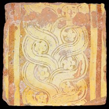 Earthenware tile with continuous decor in sludge technology, braided circles and flowers, tile floor tile tile sculpture soil