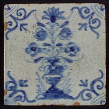 Tile, flower vase on ground, blue decor, corner filling oxen head, wall tile tile sculpture ceramic earthenware glaze tin glaze