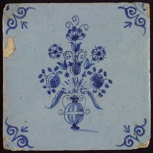 Tile, flower vase, blue decor on blue-gray background, corner filling ox-head, wall tile tile sculpture ceramic earthenware