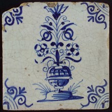 Tile, flower vase, blue decor white ground, corner filling oxen head, wall tile tile sculpture ceramic earthenware enamel