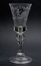 Chalice glass engraved with cartouche, child with glass by pile of barrels and Hansie in the cellar, wineglass drinking glass