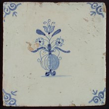 Tile, flower vase, blue decor white ground, corner filling oxen head, wall tile tile sculpture ceramics pottery glaze tin glaze