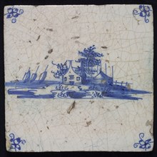 Tile, landscape with farm, blue decor on white ground, corner fill spider, wall tile tile image ceramics earthenware glaze tin
