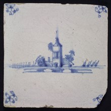 Tile, landscape with ruin or tower, blue decor on white ground, corner fill spider, wall tile tile sculpture ceramic earthenware