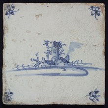 Tile, landscape with ruin or tower, blue decor on white ground, corner fill spider, wall tile tile sculpture ceramic earthenware