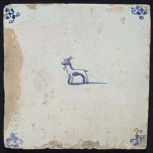 Animal tile with goat, blue decor on white ground, corner fill spider, wall tile tile sculpture ceramic earthenware enamel