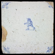 Scene tile, child's play, Corner motif ox's head, wall tile tile sculpture ceramics pottery glaze tin glaze, in form made baked