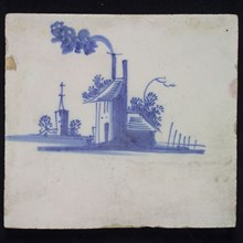 Landscape tile with house and church tower, blue decor on white ground, no corner filling, wall tile tile sculpture ceramics
