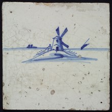 Landscape tile with windmill on mound, blue decor on white ground, no corner filling, wall tile tile sculpture ceramics