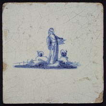 Scene tile with shepherdess, blue decor on white ground, no corner padding, wall tile tile image ceramics pottery glaze tin