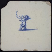 Figure tile, sitting and smoking angel or putto, blue decor on white ground, no corner padding, wall tile tile sculpture ceramic