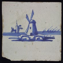 Landscape tile, windmill in polder landscape, blue decor on white ground, no corner filling, wall tile tile sculpture ceramic