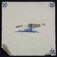Scene tile, landscape with tower, blue decor on white ground, corner fill spider, wall tile tile sculpture ceramic earthenware