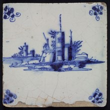 Scene tile, castle or town, blue decor on white ground, corner fill spider, wall tile tile sculpture ceramics earthenware glaze