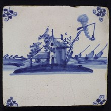 Scene tile, lighthouse and baakwoning, blue decor on white ground, corner fill spider, wall tile tile sculpture ceramic