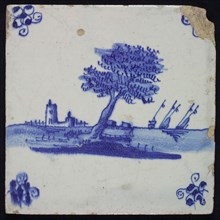 Scene tile, tree in polder landscape, blue decor on white ground, corner fill spider, wall tile tile sculpture ceramics pottery