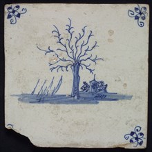 Scene tile, tree with bare branches, blue decor on white ground, corner fill spider, wall tile tile sculpture ceramics pottery