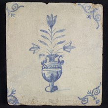 Tile, flowerpot, blue decor on the white ground, corner filling of ox's head, wall tile tile image ceramics pottery glaze tin