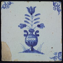 Tile, flower pot on piece of ground, blue decor on white ground, corner filling ox's head, wall tile tile sculpture ceramic