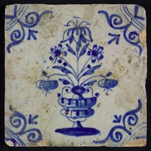 Tile, flowerpot, blue decor on white ground, corner filler ox head, wall tile tile sculpture ceramic earthenware enamel tinglage