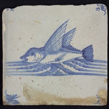 Animal tile with winged fish on the water, blue decor on white ground, corner filler ox head, wall tile tile sculpture ceramic