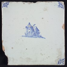 Scene tile, landscape tile with building, blue decor on white ground, corner filler ox head, wall tile tile sculpture ceramic