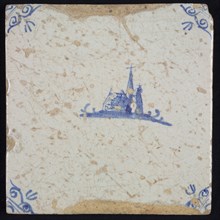 Scene tile, landscape tile with church building, blue decor on white ground, corner filler ox head, wall tile tile sculpture