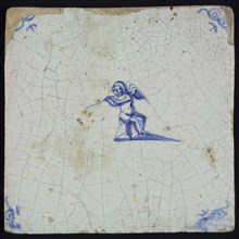 Figure tile with flute-playing angel or putto, blue decor on white ground, corner filler ox head, wall tile tile sculpture