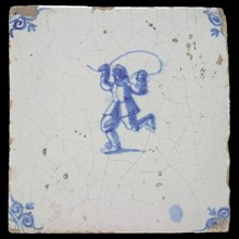 Scene tile, child's play, jump rope, corner motif ox's head, wall tile tile sculpture ceramic earthenware glaze tin glaze