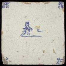 Scene tile, child's play, koot, corner motif ox's head, wall tile tile sculpture ceramics earthenware glaze tin glaze