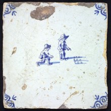 Scene tile, double child's play, nine pits with marbles, corner pattern ox's head, wall tile tile sculpture ceramic earthenware