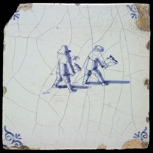 Scene tile, double child's play, hobbyhorse, corner motif ox's head, wall tile tile sculpture ceramic earthenware enamel