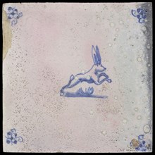 Animal tile, jumping rabbit, blue decor on white background, corner filling spider, wall tile tile sculpture ceramic pottery