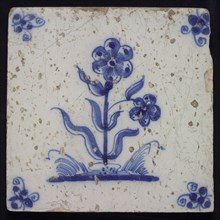 Flower Tile, large flowering plant with two flowers, blue decor on white ground, corner filling spider, wall tile tile sculpture