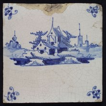 Scene tile, landscape tile with house, blue decor on white ground, corner fill spider, wall tile tile sculpture ceramic