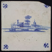 Scene tile, landscape tile with village, blue decor on white ground, corner fill spider, wall tile tile sculpture ceramic